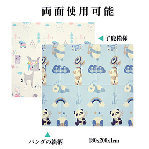 ベビープレイマット プレイマット 折りたたみ 大判 マット200×180×1cm　送料無料　クッションマット 衝撃緩和 滑り止めマット 防水・防音・軽量 子供用フロアマット　可愛いゲームマット両面使用 子ジカ パンダ 無毒無味 ベビーマット収納バッグ付 【nlife_d19】送料無料