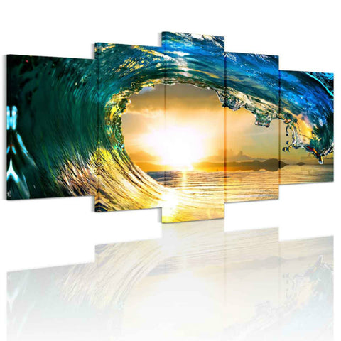 絵画 波の絵　逆巻く波と夕日 絵画 海 インテリア　アートパネル　海の景色 キャンバス絵画 風景画 芸術品  Airbnb 民泊 シェアハウス　 おしゃれ 壁掛け 絵  北欧　装飾　 5パネルセット 個人で、業務用に、ギフトにも！【newyear_d19】