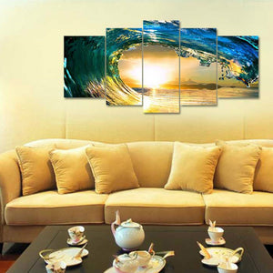 絵画 波の絵　逆巻く波と夕日 絵画 海 インテリア　アートパネル　海の景色 キャンバス絵画 風景画 芸術品  Airbnb 民泊 シェアハウス　 おしゃれ 壁掛け 絵  北欧　装飾　 5パネルセット 個人で、業務用に、ギフトにも！【newyear_d19】