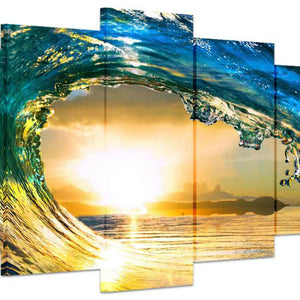 絵画 波の絵　逆巻く波と夕日 絵画 海 インテリア　アートパネル　海の景色 キャンバス絵画 風景画 芸術品  Airbnb 民泊 シェアハウス　 おしゃれ 壁掛け 絵  北欧　装飾　 5パネルセット 個人で、業務用に、ギフトにも！【newyear_d19】
