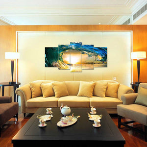 波の絵画　海風景 風水画　インテリア　絵画　絵のある暮らしモダンアートパネル　壁画　壁掛け　海の景色 逆巻く波と夕日アートパネル絵画 キャンバス生地 5枚セット 高品質アートパネル装飾　取り付け簡単!