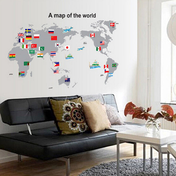 即納可！ ウォールステッカー 世界地図【Map of the World】モノトーン世界地図 ・飛行機☆ きれいに剥がせる！子供部屋 DIY 壁紙 壁 シール 雑貨 リフォーム 　貼って剥がせる ウォールステッカー 賃貸OK！