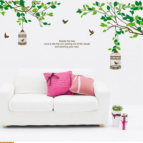 みどり木 鳥かご ウォールステッカー シール式 大きめサイズ 壁紙 ステッカー 英文字 カッティングシート wall sticker 壁 貼ってはがせる ウォールシール 雑貨 DIY 窓 ガラス 植物 木 ウォールペーパーウォールシール お子様と一緒に簡単に貼れます！【inte_D05】
