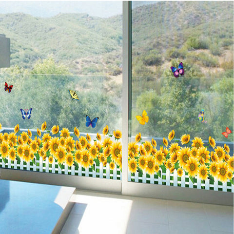 ウォールステッカー 向日葵の花畑 蝶　ひまわり はがせるウォールステッカー 花 蝶ステッカー wall sticker ウォールペーパー 壁紙蝶 ウォールシール 店舗 ガラスドア リビング キッチン 玄関 廊下 寝室【inte_D1806】