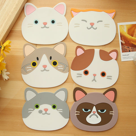 コースター　断熱　耐熱 カップ マット　ボトルマット 滑り止め　かわいい 猫の顔の形のコースター　萌え萌えコースター　滑り止め　 断熱パッド 幼稚園　子供用　シリコン製コーヒー 飲酒 飲茶 シリコン　茶パッド　キッチン　グッズ　卓上用品　６枚セット