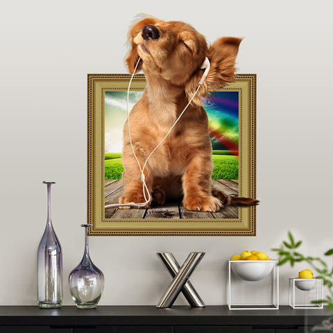 ウォールステッカー動物　犬　額縁からワンチャンが飛び出す　だまし絵　壁シール　子供部屋　リビング　犬好きがたまらない　幼稚園　保育園　託児所　イベント会場　発表会 【トリックアート　シリーズ】