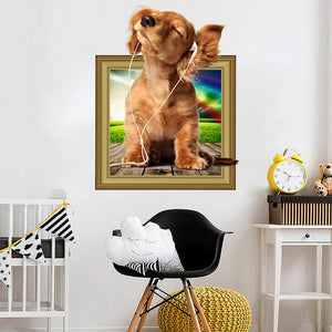 ウォールステッカー動物　犬　額縁からワンチャンが飛び出す　だまし絵　壁シール　子供部屋　リビング　犬好きがたまらない　幼稚園　保育園　託児所　イベント会場　発表会 【トリックアート　シリーズ】
