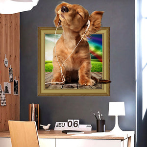 ウォールステッカー動物　犬　額縁からワンチャンが飛び出す　だまし絵　壁シール　子供部屋　リビング　犬好きがたまらない　幼稚園　保育園　託児所　イベント会場　発表会 【トリックアート　シリーズ】