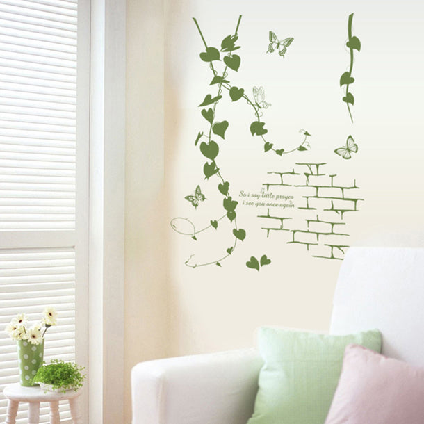 ウォールステッカー 木 花 植物 アイビーとレンガ 緑 壁飾り 壁紙シール リフォームシート 北欧 オシャレ diy 子供 窓 風景 動物 猫 海 キッチン 英字 星 海 鳥 魚 音符 フレーム 花 アルファベット 文字 グリーン 模様替え 賃貸OK?
