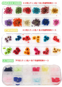 ネイル押し花　（あじさい　放射の花　こでまりの花本物の押し花）ネイルドライフラワー12色156輪 小さめ放射状 押し花+コデマリの花+紫陽花透明収納ケース付き埋め込み用デコネイル  ハンドメイドアクセサリー 全3タイプ選び?