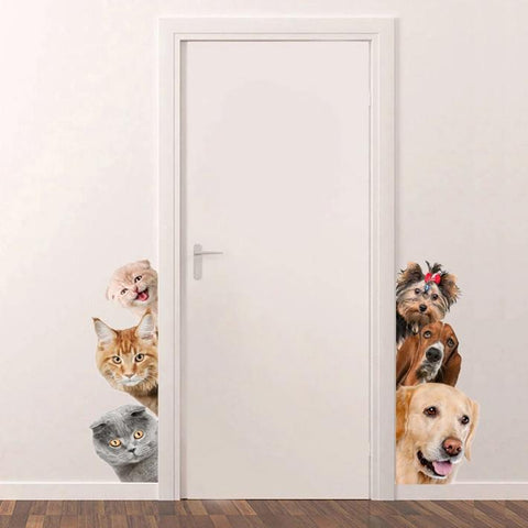 送料無料　ウォールステッカー 3匹の猫と３匹の犬　２枚セットウォールステッカー猫 犬 北欧 賃貸 壁穴 はがせる ママ友 傷隠し 汚れ隠し トリックアート　DIY ネコ好き 犬好きリアル にゃん 壁からキャット ドッキリ ビックリ いたずら