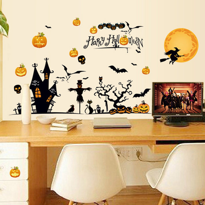 ウォールステッカー ハロウィン（ 空飛ぶ魔女 お城 カボチャ 蝙蝠 ）  パーティー グッズ 壁 装飾 デコレーション 飾り付け 蜘蛛 Life / 子供部屋/  はがせる 剥がせる 壁紙/ お店/ はがせる/ 賃貸/ハロウイン/ お城/ 蜘蛛/コウモリ/DIY/★/雰囲気満点！