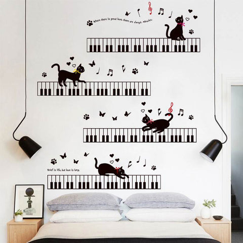 ウォールステッカー 猫 壁紙 剥がせる wall sticker 猫　音楽 楽器 音符  壁装飾 雑貨 ガラス 窓 DIY パーティー イベント 賃貸部屋OK アニマル柄 かわいい 面白い バスルーム オシャレな壁紙