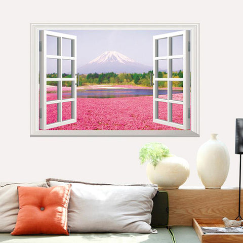 ウォールステッカー花　桜　偽窓  3D ステッカー ポスター 壁紙シール　花畑 窓ポスター富士山　花畑 　貼ってはがせる　偽窓ステッカー壁紙シール　リビング/子供部屋/窓ガラス/店内の飾り/トイレ/お風呂/冷蔵庫/キッチン/天井