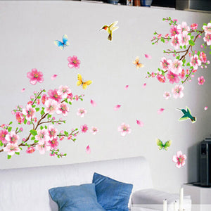 ウォールステッカー　木　二本の桃の花  小鳥 蝶　さくら花　 wall sticker 恋愛運アップするウォールステッカー 北欧 　壁紙シール  60*90cm