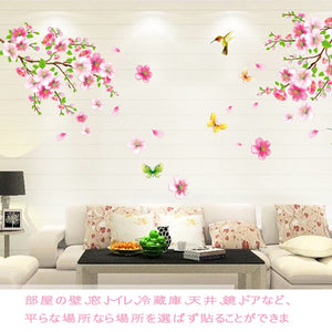 ウォールステッカー　木　二本の桃の花  小鳥 蝶　さくら花　 wall sticker 恋愛運アップするウォールステッカー 北欧 　壁紙シール  60*90cm