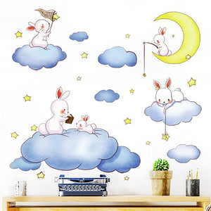 即納? ウォールステッカー子ども部屋 誕生日 壁紙シール 兎と雲と月 ☆  ウォールペーパー wall sticker　北欧 シールきれいに剥がせる子供部屋 デコ 幼稚園 保育園　トイレ　リビング 窓 冷蔵庫 ステッカー 賃貸OK！