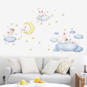 即納? ウォールステッカー子ども部屋 誕生日 壁紙シール 兎と雲と月 ☆  ウォールペーパー wall sticker　北欧 シールきれいに剥がせる子供部屋 デコ 幼稚園 保育園　トイレ　リビング 窓 冷蔵庫 ステッカー 賃貸OK！