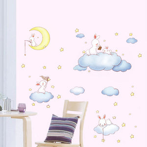 即納? ウォールステッカー子ども部屋 誕生日 壁紙シール 兎と雲と月 ☆  ウォールペーパー wall sticker　北欧 シールきれいに剥がせる子供部屋 デコ 幼稚園 保育園　トイレ　リビング 窓 冷蔵庫 ステッカー 賃貸OK！