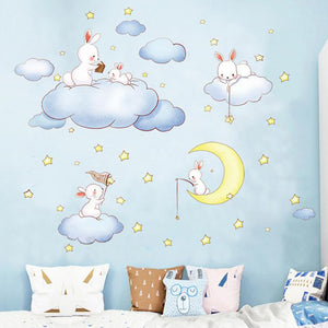即納? ウォールステッカー子ども部屋 誕生日 壁紙シール 兎と雲と月 ☆  ウォールペーパー wall sticker　北欧 シールきれいに剥がせる子供部屋 デコ 幼稚園 保育園　トイレ　リビング 窓 冷蔵庫 ステッカー 賃貸OK！