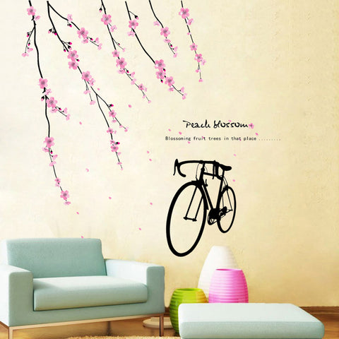 ウォールステッカー 花桃の枝と自電車　wall sticker 壁紙 壁シール　大版サイズウォールペーパー ウォールシール ステッカー　シール 壁紙 ステッカー リビング　インテリア 雑貨　年末年始　引越し　ギフト