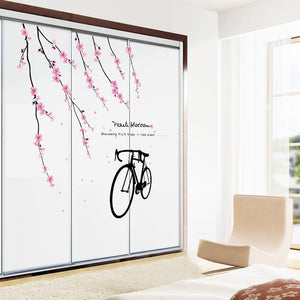 ウォールステッカー 花桃の枝と自電車　wall sticker 壁紙 壁シール　大版サイズウォールペーパー ウォールシール ステッカー　シール 壁紙 ステッカー リビング　インテリア 雑貨　年末年始　引越し　ギフト
