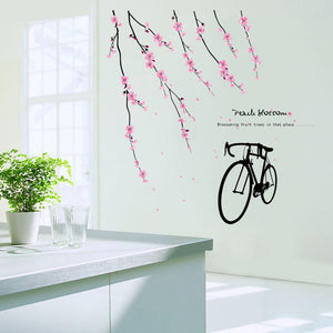 ウォールステッカー 花桃の枝と自電車　wall sticker 壁紙 壁シール　大版サイズウォールペーパー ウォールシール ステッカー　シール 壁紙 ステッカー リビング　インテリア 雑貨　年末年始　引越し　ギフト