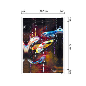 絵画 インテリア  おしゃれ 壁掛け 絵　五匹の泳ぎ錦鯉　絵画　ファブリックパネル アートパネル　滝　壁飾り ポスター キャンバス絵画　壁アート木枠付き 横30cm×縦42cm