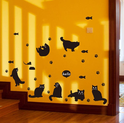 ウォールステッカー ねこ　6匹の猫と魚　ウォールスッテカー 動物簡単 シール DIY インテリア 黒猫 北欧 ウォールステッカー 動物 壁紙 ウォールステッカー トイレウォールステッカー 猫 ?