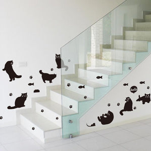 ウォールステッカー ねこ　6匹の猫と魚　ウォールスッテカー 動物簡単 シール DIY インテリア 黒猫 北欧 ウォールステッカー 動物 壁紙 ウォールステッカー トイレウォールステッカー 猫 ?