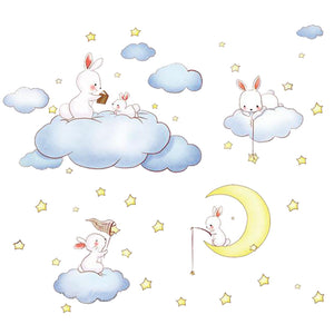 即納? ウォールステッカー子ども部屋 誕生日 壁紙シール 兎と雲と月 ☆  ウォールペーパー wall sticker　北欧 シールきれいに剥がせる子供部屋 デコ 幼稚園 保育園　トイレ　リビング 窓 冷蔵庫 ステッカー 賃貸OK！