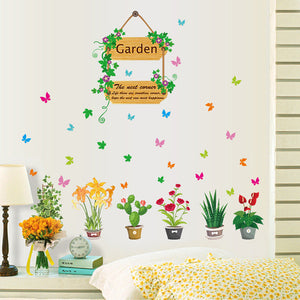ウォールステッカー 花 鉢植え 50×70(cm) シール式 Garden 木 花 蝶々　wall sticker 壁紙 子供 キッズ 植物 雑貨 パーティ デコ DIY リノベーション 賃貸 ナチュラル シンプル 観葉植物 グリーン 部屋飾り  wall sticker 雑貨 ガラス 窓 賃貸　店舗　プレゼント