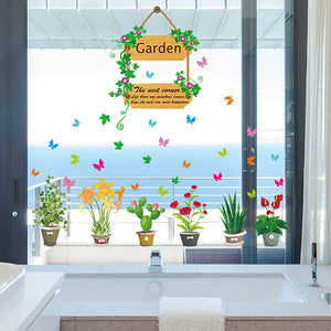 ウォールステッカー 花 鉢植え 50×70(cm) シール式 Garden 木 花 蝶々　wall sticker 壁紙 子供 キッズ 植物 雑貨 パーティ デコ DIY リノベーション 賃貸 ナチュラル シンプル 観葉植物 グリーン 部屋飾り  wall sticker 雑貨 ガラス 窓 賃貸　店舗　プレゼント